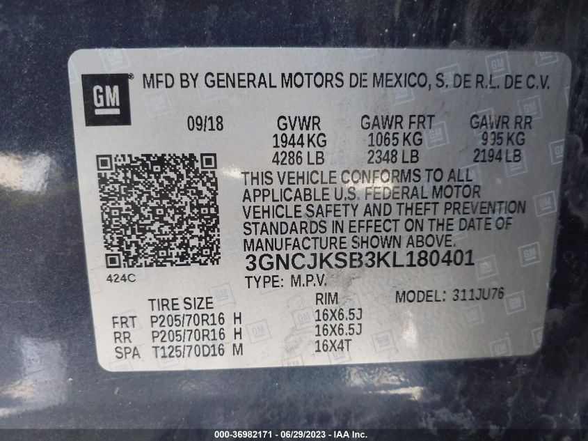 3GNCJKSB3KL180401 Chevrolet Trax LS 9