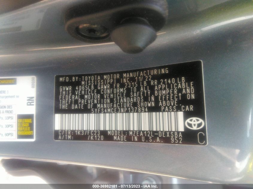 2022 TOYOTA COROLLA SE/SE NIGHTSHADE/APEX SE - 5YFS4MCE3NP137894