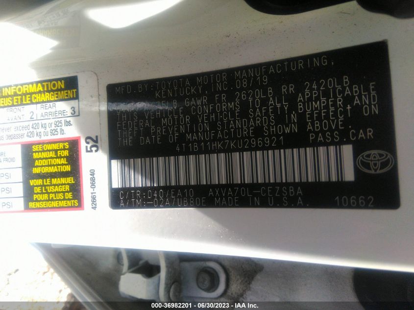 2019 TOYOTA CAMRY LE/SE/XLE/L - 4T1B11HK7KU296921
