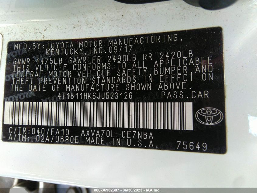 2018 TOYOTA CAMRY LE/SE/XLE/L - 4T1B11HK6JU523126