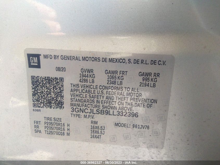 2020 CHEVROLET TRAX LT - 3GNCJLSB9LL332396