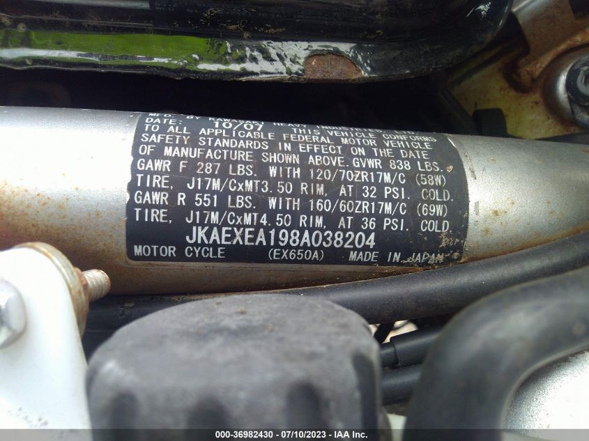 2008 KAWASAKI EX650 A - JKAEXEA198A038204