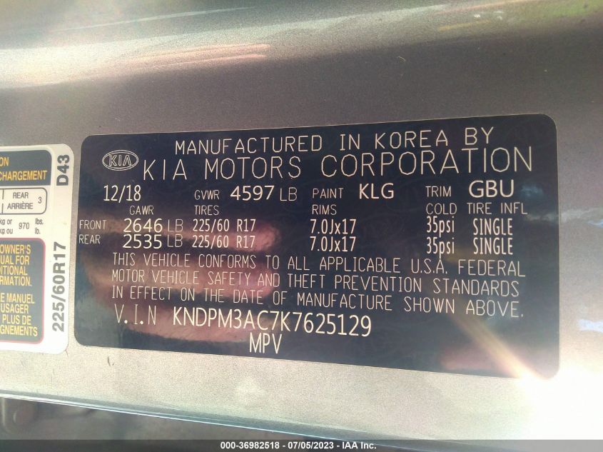 2019 KIA SPORTAGE LX - KNDPM3AC7K7625129