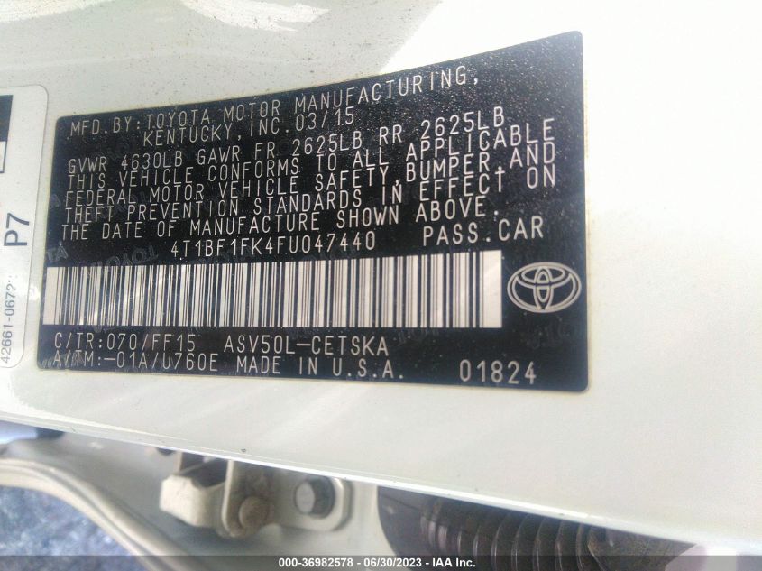 2015 TOYOTA CAMRY XLE/SE/LE/XSE - 4T1BF1FK4FU047440