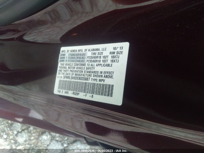 2014 HONDA ODYSSEY TOURING - 5FNRL5H92EB035887