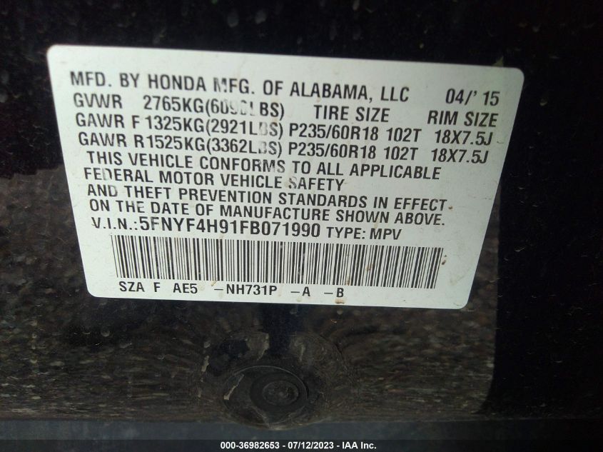 2015 HONDA PILOT TOURING - 5FNYF4H91FB071990
