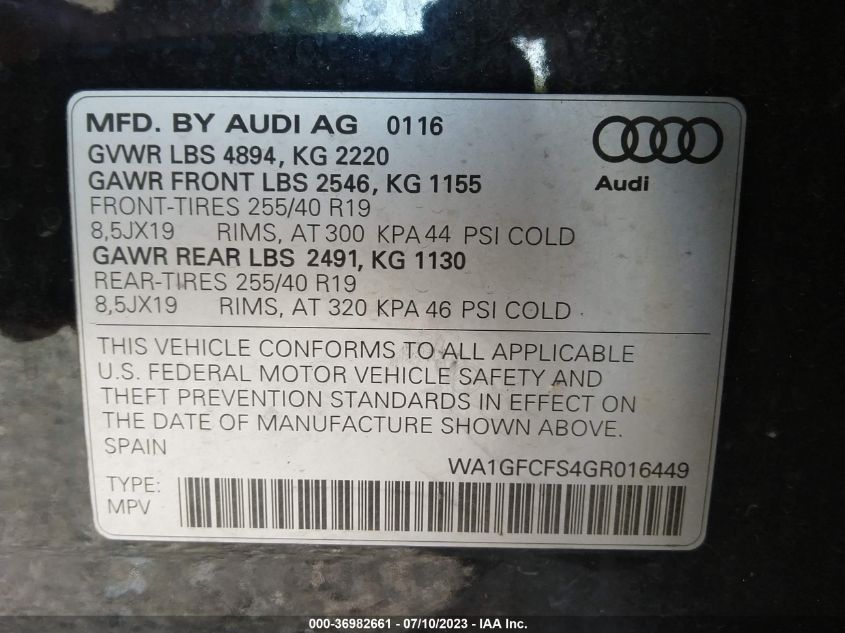 2016 AUDI Q3 PRESTIGE - WA1GFCFS4GR016449