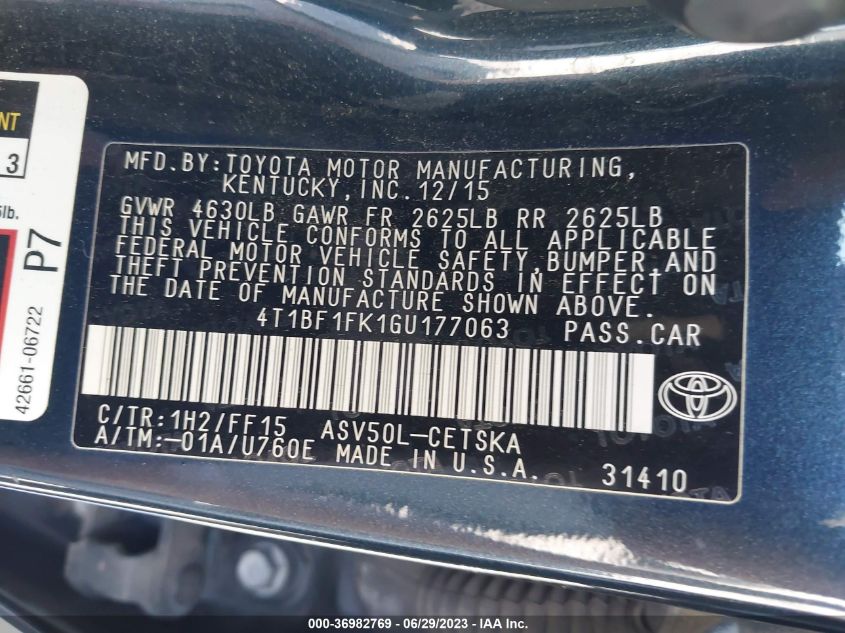 2016 TOYOTA CAMRY XLE/SE/LE/XSE - 4T1BF1FK1GU177063