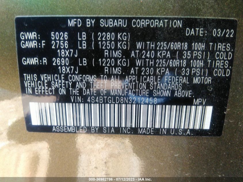 2022 SUBARU OUTBACK ONYX EDITION XT - 4S4BTGLD8N3212458