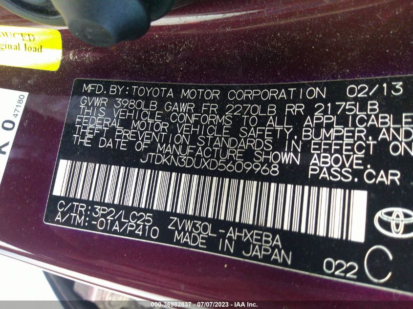 2013 TOYOTA PRIUS ONE/TWO/THREE/FOUR/FIVE - JTDKN3DUXD5609968