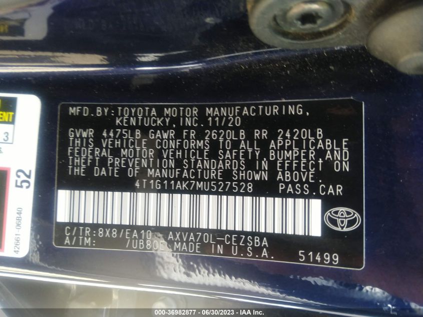 2021 TOYOTA CAMRY SE - 4T1G11AK7MU527528
