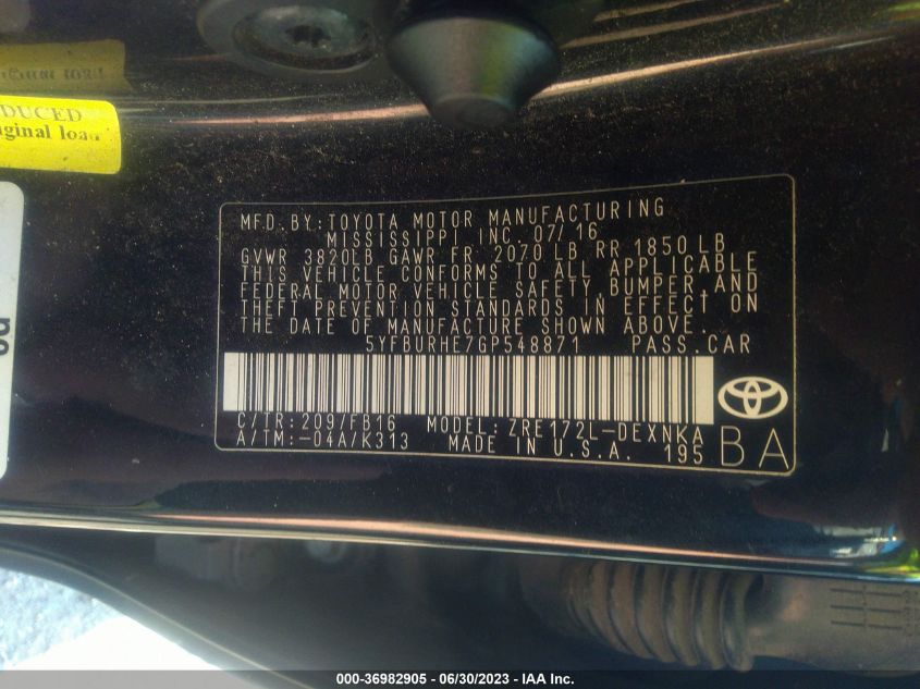 2016 TOYOTA COROLLA L/LE/S/S PLUS/LE PLUS - 5YFBURHE7GP548871