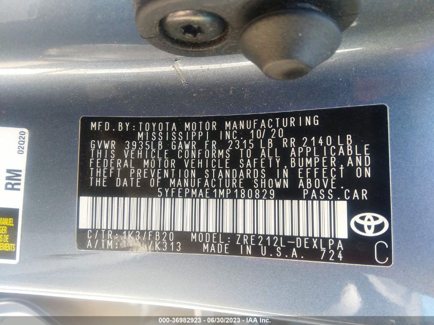 2021 TOYOTA COROLLA LE - 5YFEPMAE1MP180829