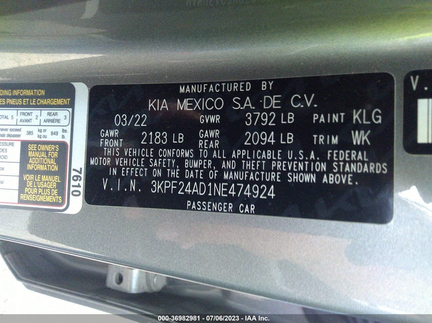 VIN 3KPF24AD1NE474924 2022 KIA FORTE LXS
