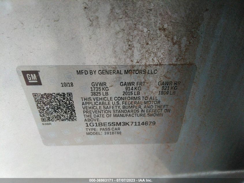2019 CHEVROLET CRUZE LT - 1G1BE5SM3K7114679