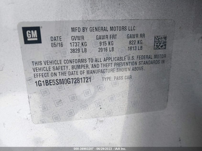 2016 CHEVROLET CRUZE LT - 1G1BE5SM0G7281721