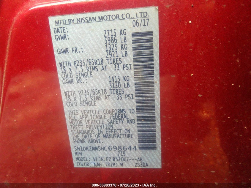 VIN 5N1DR2MM5HC698644 2017 NISSAN PATHFINDER SV