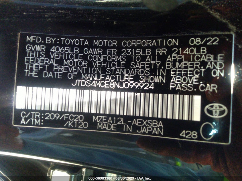 VIN JTDS4MCE8NJ099924 2022 TOYOTA COROLLA SE/SE NIGHTSHADE/APEX SE