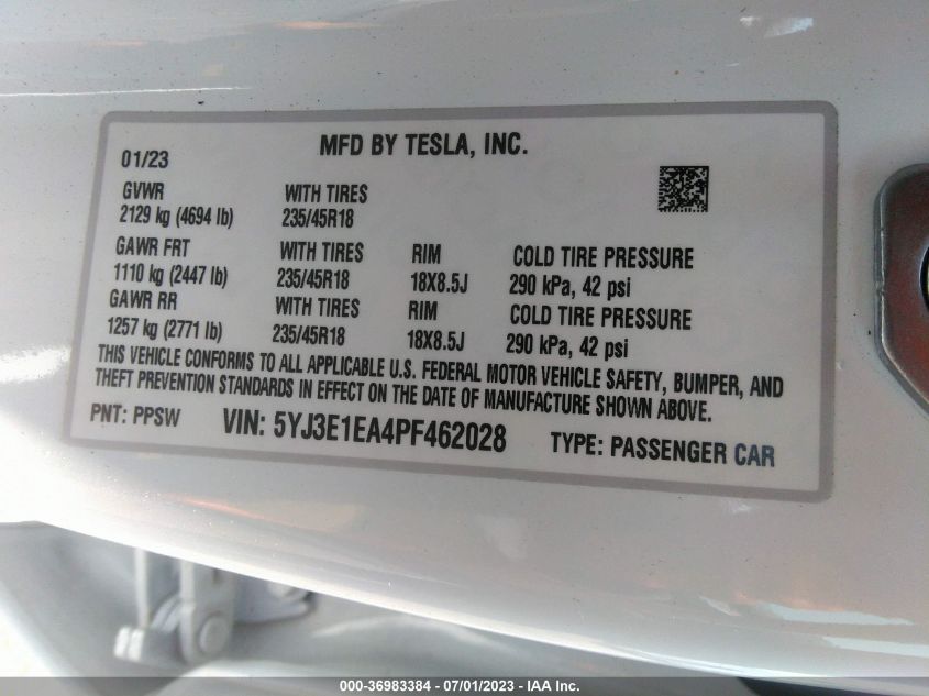 2023 TESLA MODEL 3 - 5YJ3E1EA4PF462028