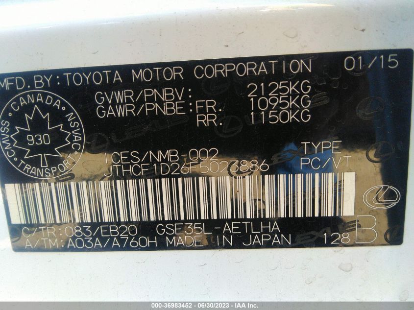 2015 LEXUS IS 250 - JTHCF1D26F5023886