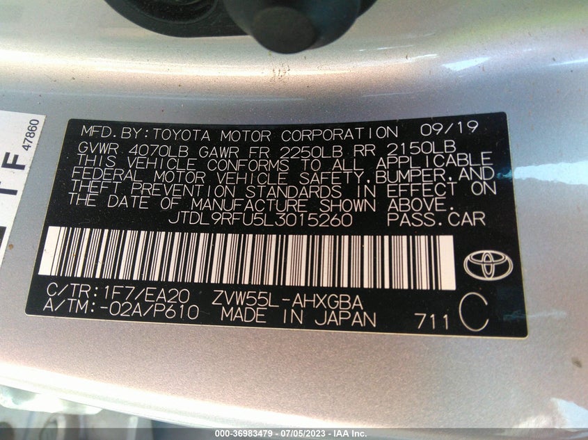 VIN JTDL9RFU5L3015260 2020 TOYOTA PRIUS LE/XLE