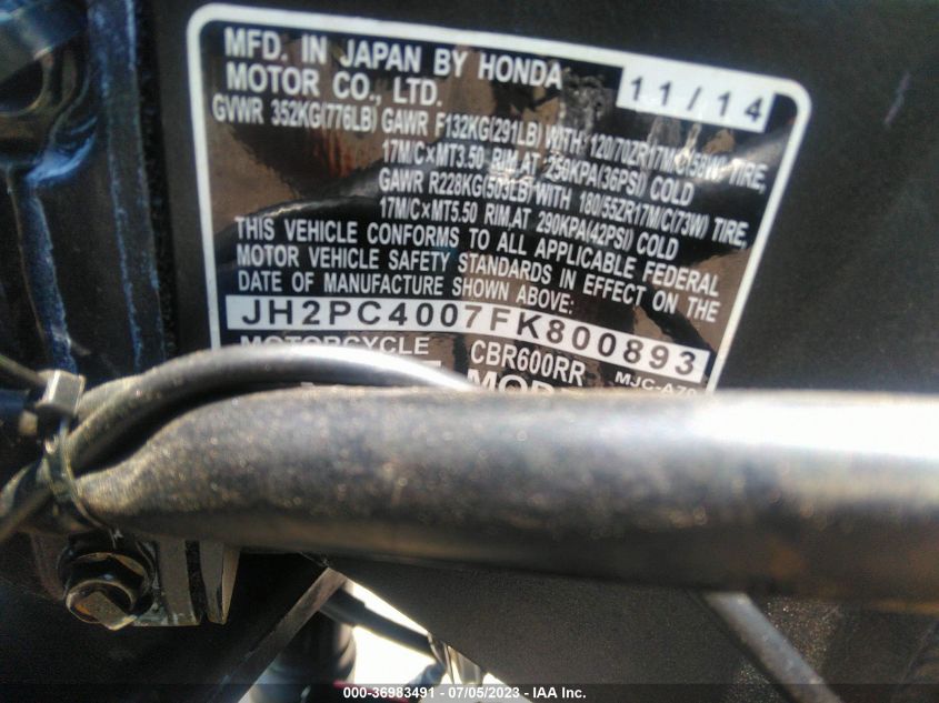 2015 HONDA CBR600 RR - JH2PC4007FK800893
