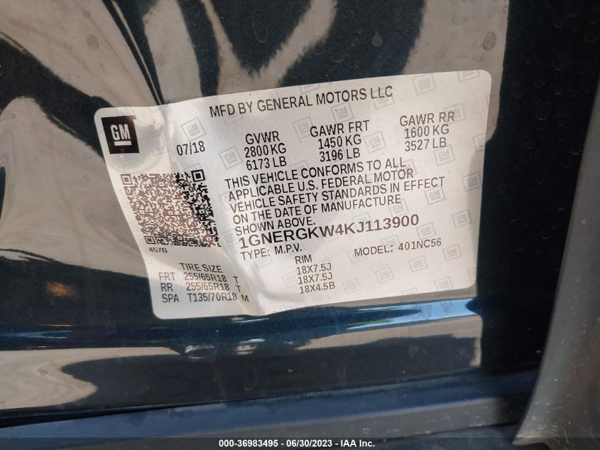 2019 CHEVROLET TRAVERSE LT CLOTH - 1GNERGKW4KJ113900