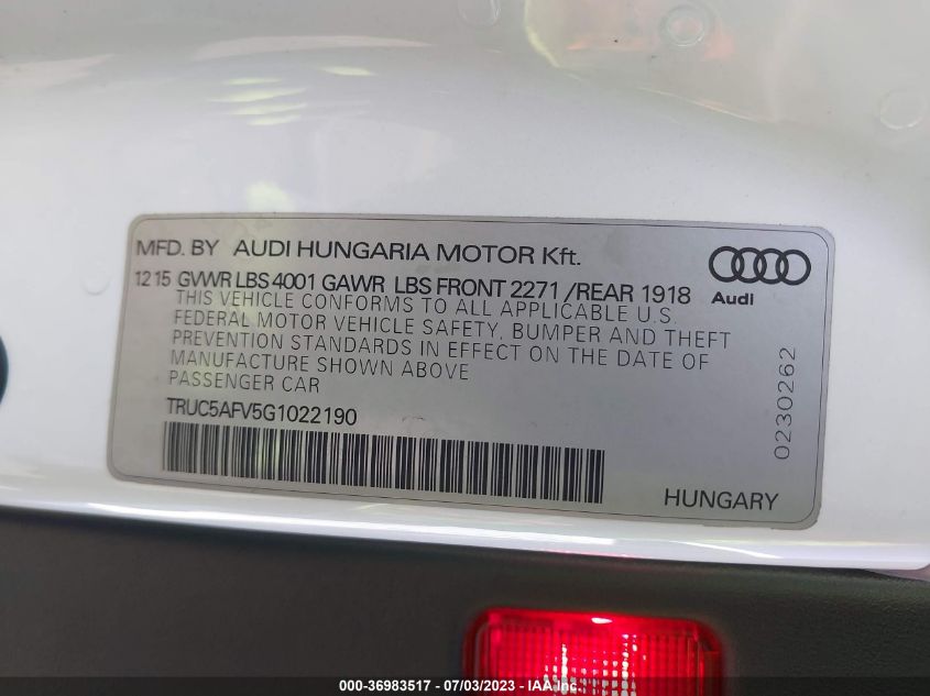 2016 AUDI TT 2.0T TRUC5AFV5G1022190