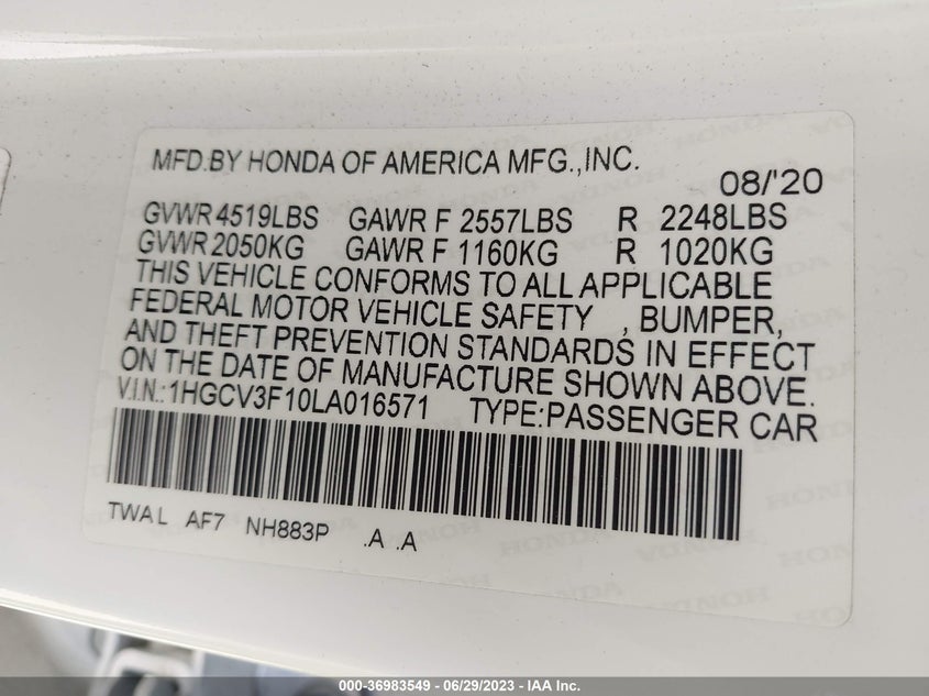 VIN 1HGCV3F10LA016571 2020 HONDA ACCORD HYBRID