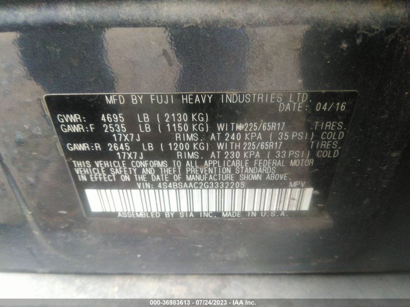 2016 SUBARU OUTBACK 2.5I - 4S4BSAAC2G3332205