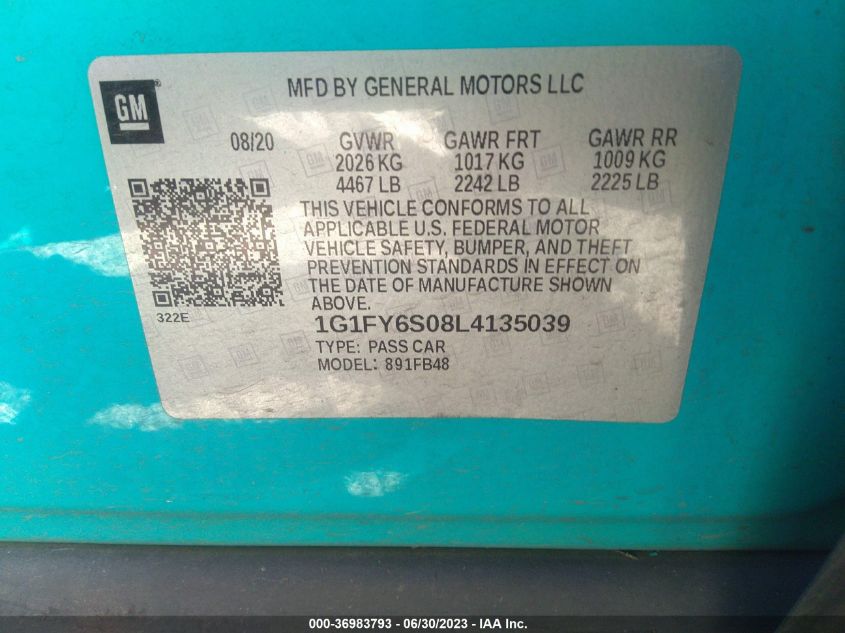 2020 CHEVROLET BOLT EV LT 1G1FY6S08L4135039