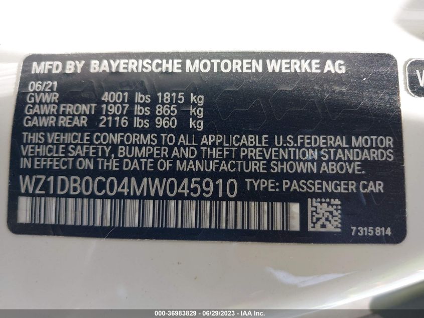 2021 TOYOTA GR SUPRA 3.0/3.0 PREMIUM WZ1DB0C04MW045910