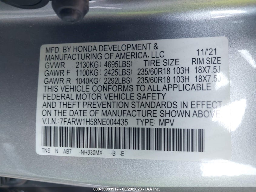VIN 7FARW1H58NE004435 2022 HONDA CR-V EX