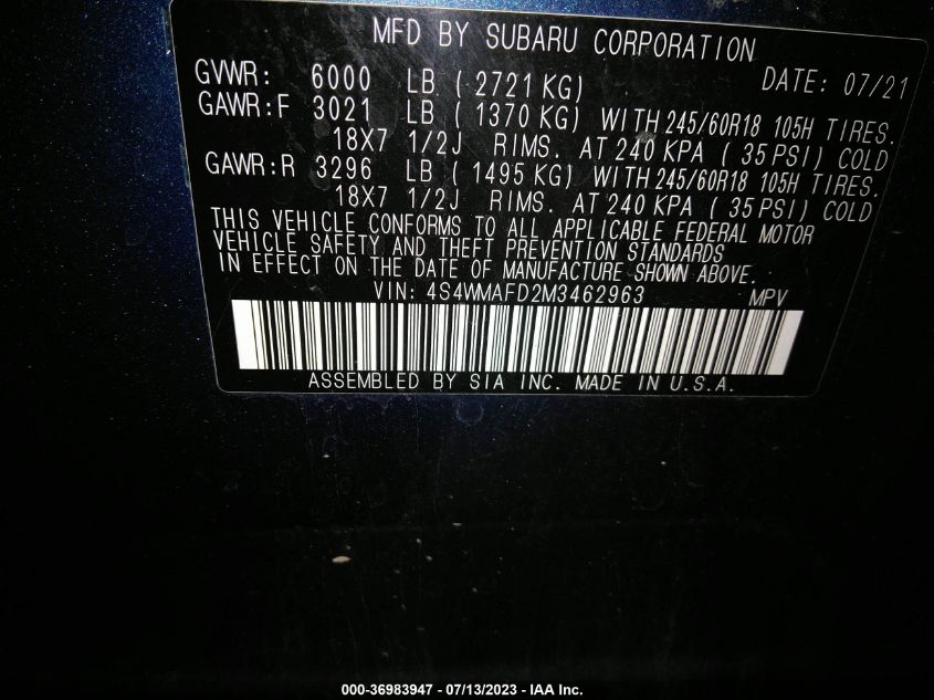 2021 SUBARU ASCENT PREMIUM - 4S4WMAFD2M3462963