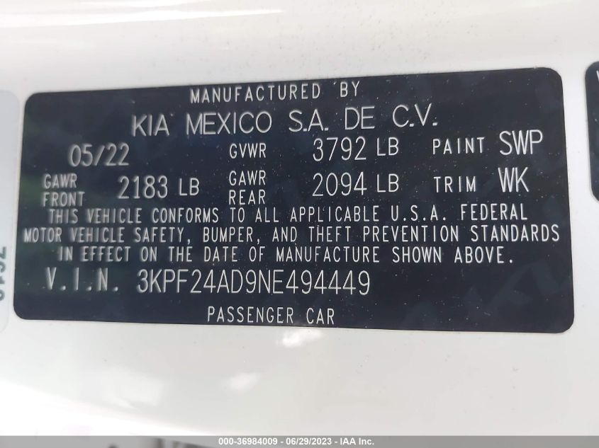 2022 KIA FORTE LXS - 3KPF24AD9NE494449