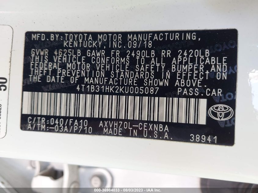 2019 TOYOTA CAMRY HYBRID - 4T1B31HK2KU005087