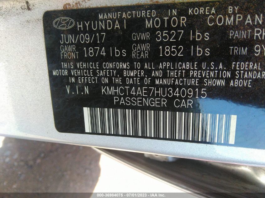 VIN KMHCT4AE7HU340915 2017 HYUNDAI ACCENT no.9