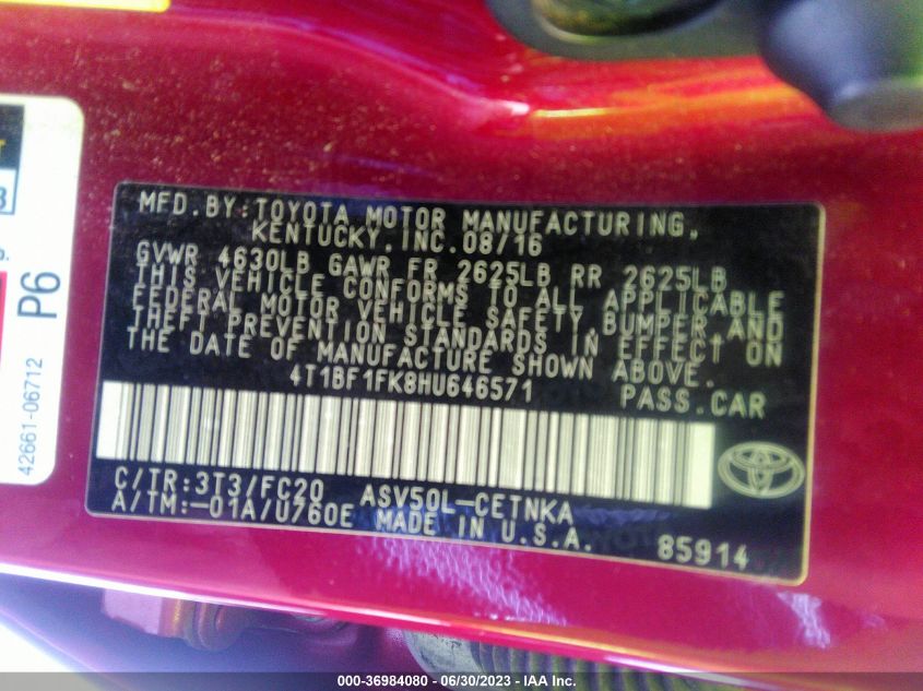 2017 TOYOTA CAMRY XLE/SE/LE/XSE - 4T1BF1FK8HU646571