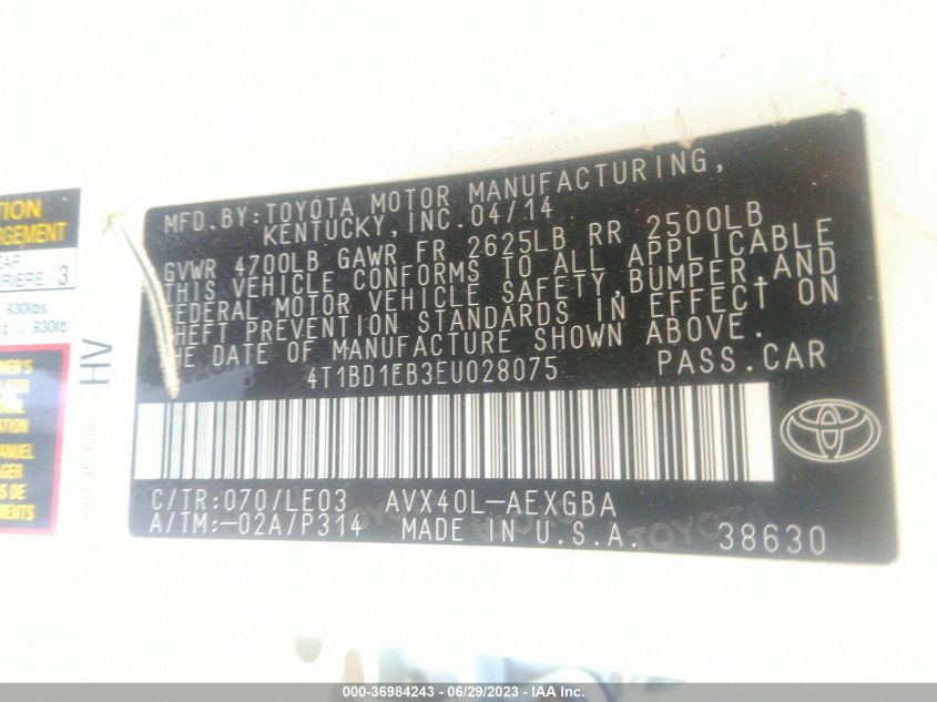 2014 TOYOTA AVALON HYBRID LIMITED/XLE TOURING 4T1BD1EB3EU028075