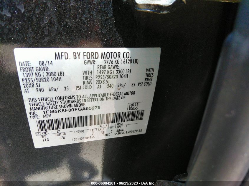 2015 FORD EXPLORER LIMITED - 1FM5K8F80FGA65275