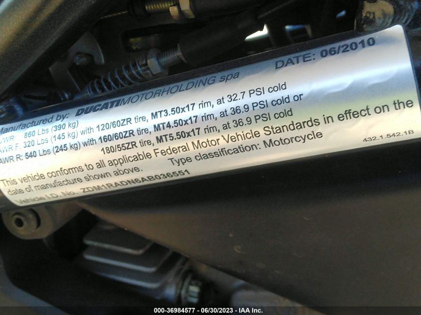 2010 DUCATI MONSTER 696 ZDM1RADN6AB036551
