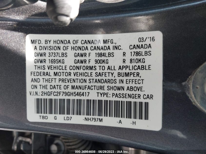 2016 HONDA CIVIC SEDAN EX - 2HGFC2F79GH546417