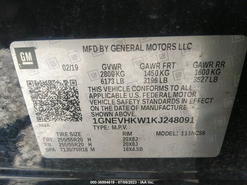 2019 CHEVROLET TRAVERSE LT LEATHER - 1GNEVHKW1KJ248091