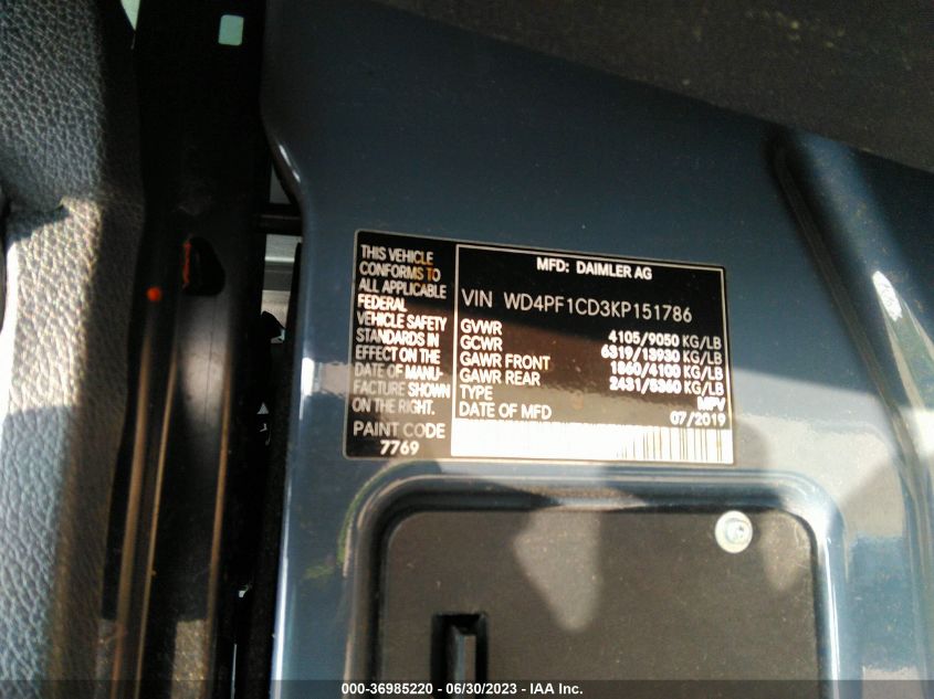 2019 MERCEDES-BENZ SPRINTER VAN WD4PF1CD3KP151786