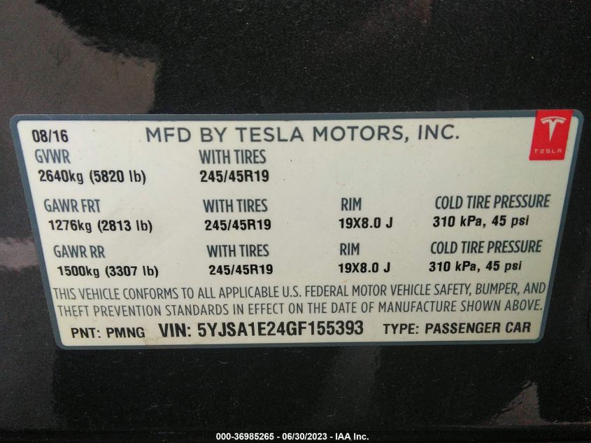 2016 TESLA MODEL S 90D/70D/75D/60D/85D - 5YJSA1E24GF155393