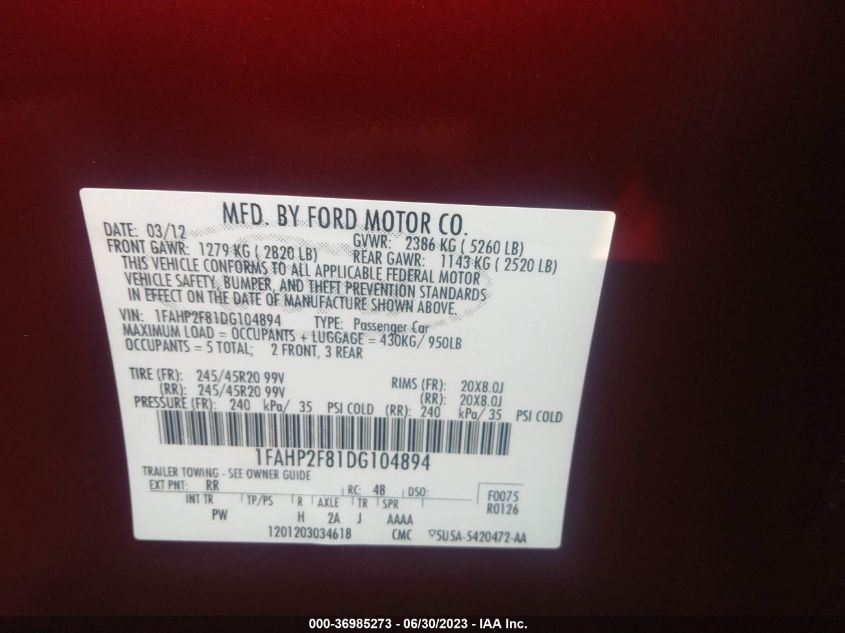 2013 FORD TAURUS LIMITED - 1FAHP2F81DG104894