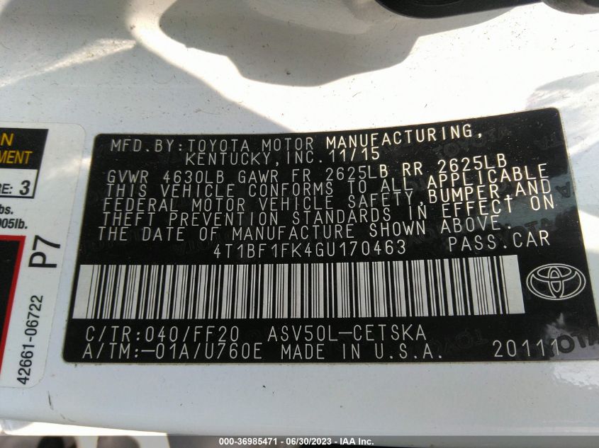 2016 TOYOTA CAMRY XLE/SE/LE/XSE - 4T1BF1FK4GU170463