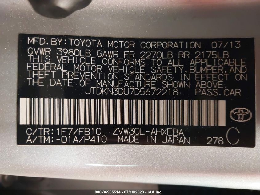 2013 TOYOTA PRIUS ONE/TWO/THREE/FOUR/FIVE - JTDKN3DU7D5672218