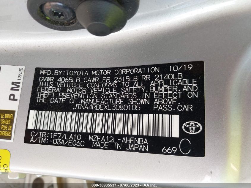 2020 TOYOTA COROLLA HATCHBACK XSE JTNA4RBEXL3080105