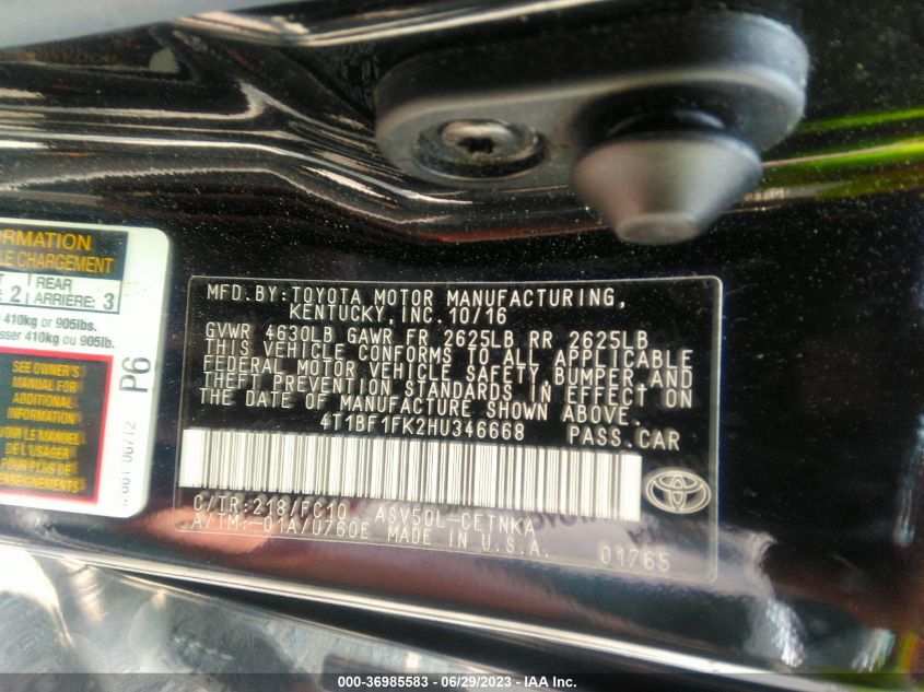2017 TOYOTA CAMRY XLE/SE/LE/XSE - 4T1BF1FK2HU346668